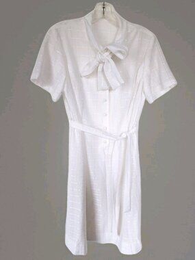 Vintage 60s 70s White Windowpane Check Shirt Dress Tie Neck Bow Belted Sz S/M